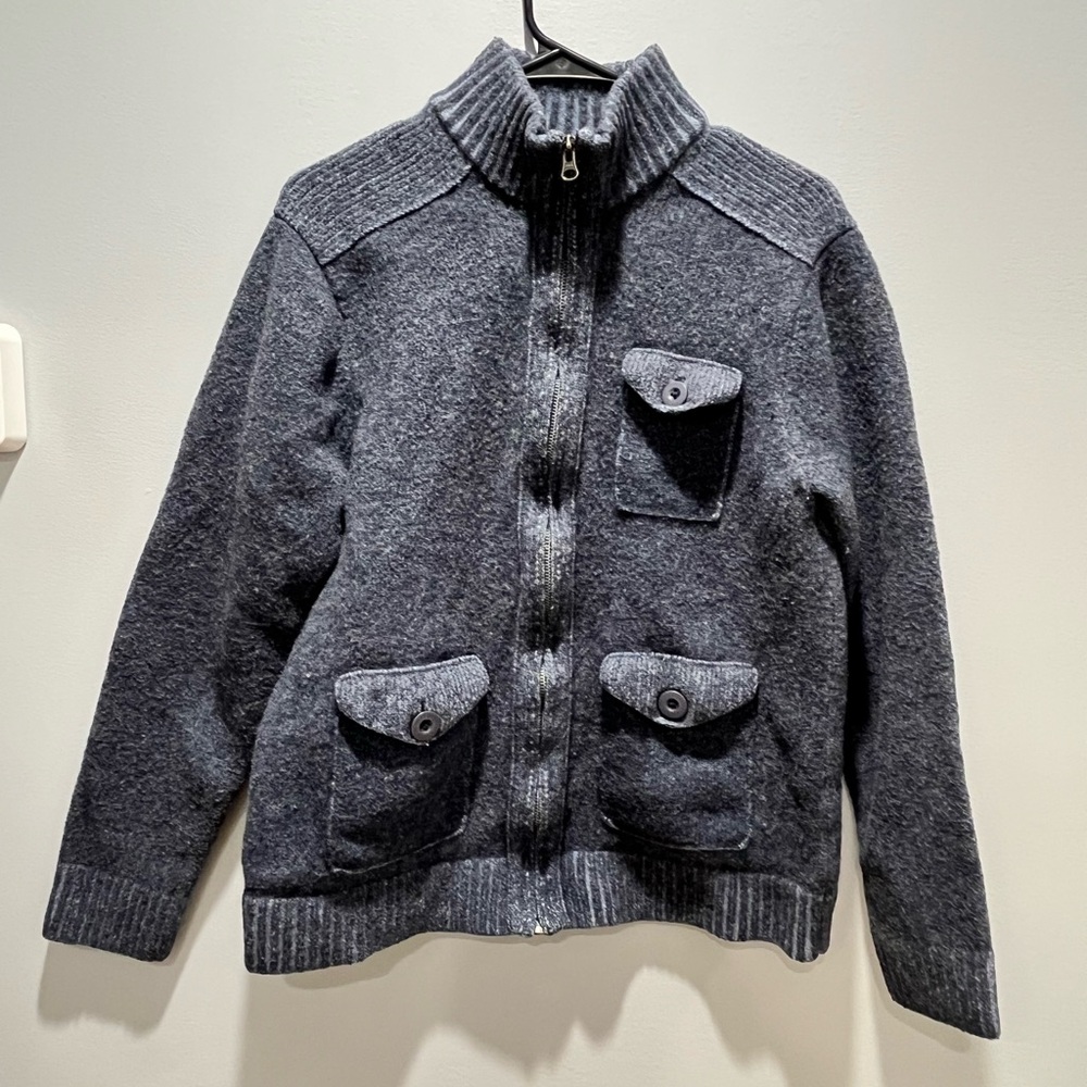 BLUE PRONTO UOMO Gray Tan Full Zip Slim Fit 100% Wool Pocket Sweater Cardigan XL